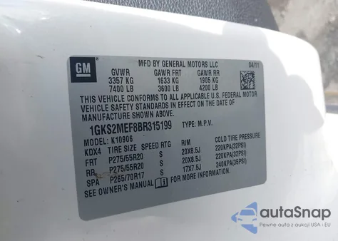 2011 GMC Yukon Xl 1500 Denali z USA, uszkodzony, nr VIN 1GKS2MEF8BR315199